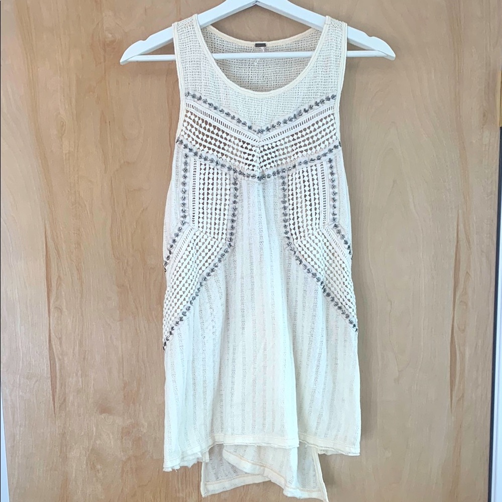 Free People Cream Sleeveless Knit Top with Beaded Accents